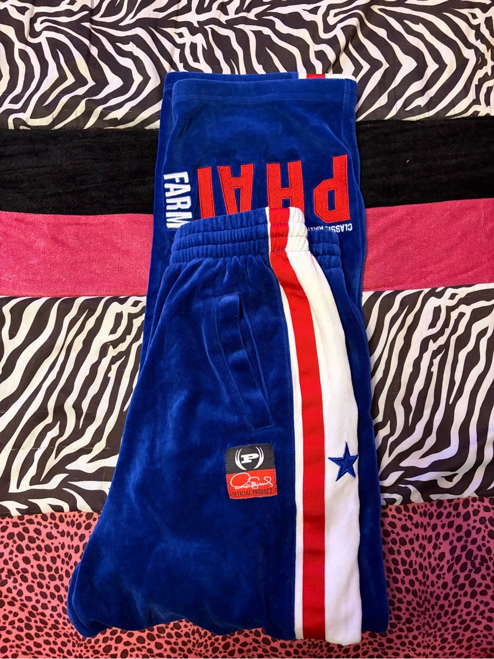 Phat Farm Royal Blue Velour Joggers with Red & White Stripes